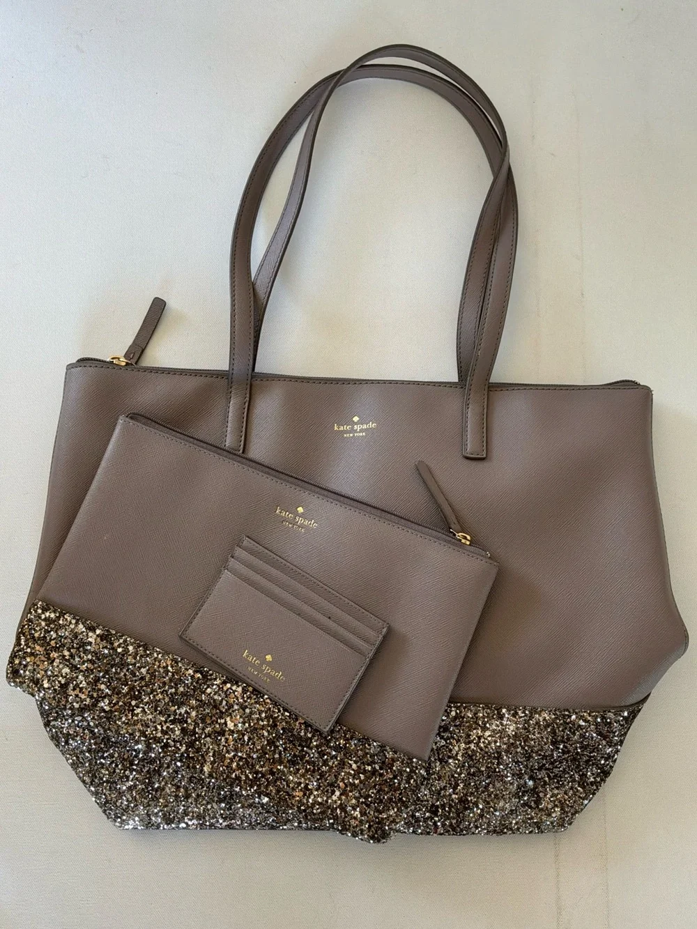 Kate Spade New York Gray Glitter Saffiano Leather Tote 3-Piece Set w/ Zip Pouch